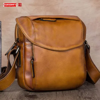 

Men's Bag Small Men Shoulder Messenger Bags First Layer Cowhide Retro Casual Handmade Genuine Leather Vintage Soft Color Block