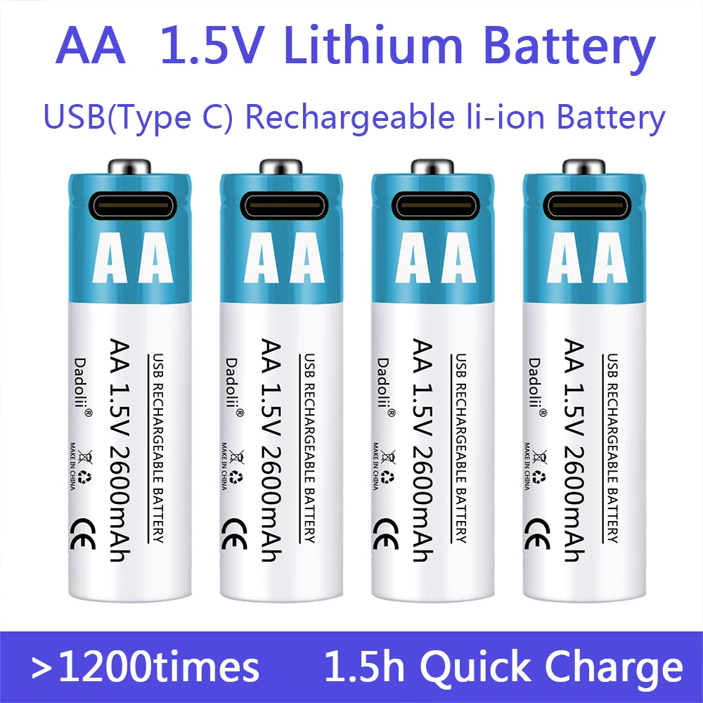 Batería de iones de litio recargable por USB, pila de 1,5 V, AA, 2600mAh, para ratón de control Batería de iones de litio recargable por USB, pila de 1,5 V, AA, 2600mAh, para ratón de control