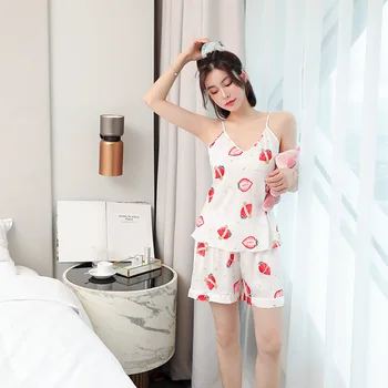 

Wmyqdlq New Style Pajamas Women Summer Thin Cool Print Cute Suspender Shorts Two-Piece Suit Home Service