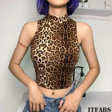 Летняя женская леопардовая водолазка без рукавов, майка, укороченный топ, Повседневная рубашка с открытыми плечами