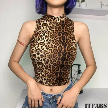 

Summer Women Leopard Turtleneck Sleeveless Tank Top Vest Crop Top Shirt Casual Off Shoulder