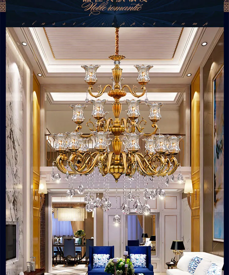 Европейский Хрустальный латунный подвесной светильник дуплекс золотой кристалл гостиная столовая отель Вилла роскошное освещение