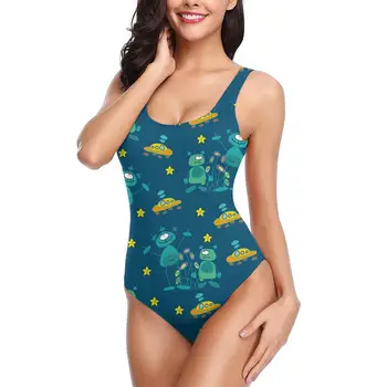 

Swimwear Women One Piece 2020 Cute Stars And Aliens Night Print Women Push up Swimsuit