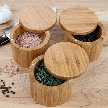 

Round Bamboo Jar Salt and Spice Storage Box Small Salt Box with Magnetic Lock Bamboo Storage Box with Magnetic Swivel Lid