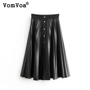 

VomVoa Casual mid-waistVomvon pleated PU leather skirt ladies 2020 spring solid color A-line skirt fashion new bottoms