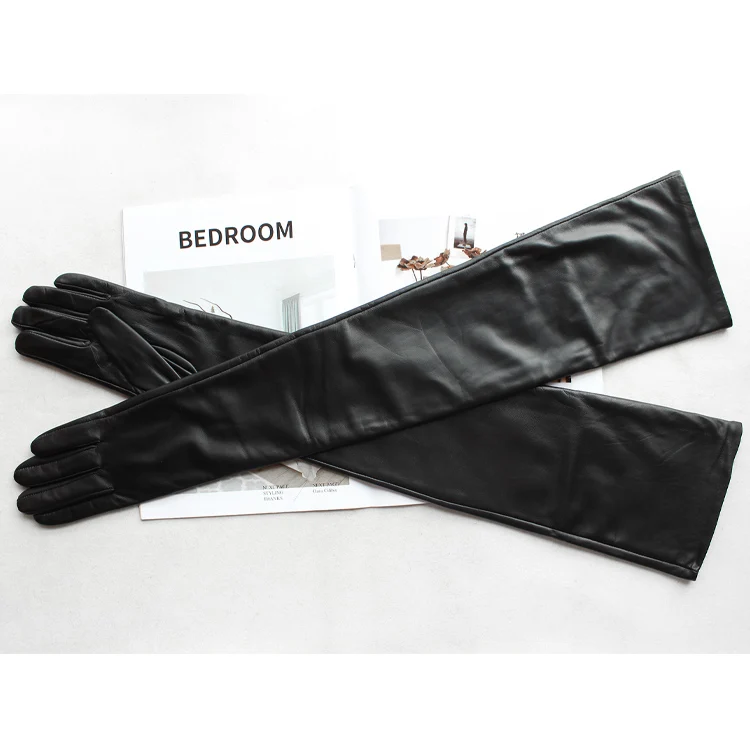New Women's Super Long Leather Gloves Over Elbow Fashion Black Imported Sheepskin High Quality Mink Leather Touch Screen Gloves