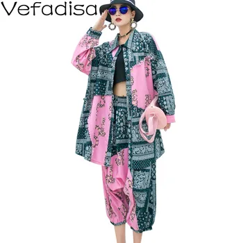 

Vefadisa Plus Size Patchwork Women Set 2020 Autumn Stitching Color Blouse + Print Calf-Length Pants 2 Piece Suit QYF3424