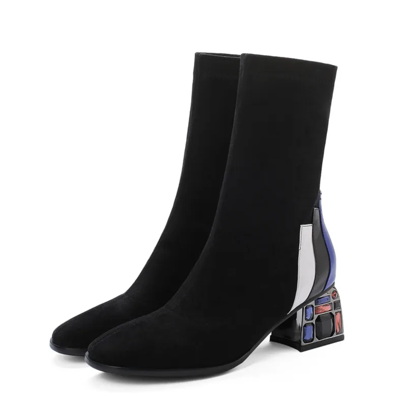 Black Velvet Lining Meotina/осенние ботильоны женские полусапожки на толстом высоком каблуке, стразы тонкие растягивающиеся сапоги с круглым носком женская зимняя обувь, большие размеры 33-43 - Цвет: Black Velvet Lining