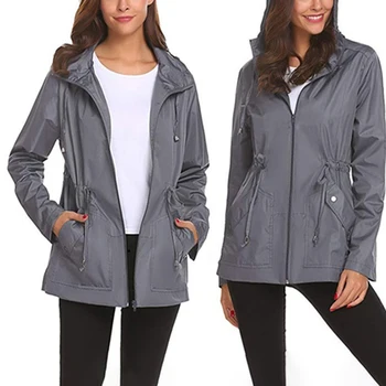 

Women Autumn Winter Outdoor Solid Color Fashion Zipper Drawstring Sports Casual Cap Ligth Coat Jacket Dust Coat