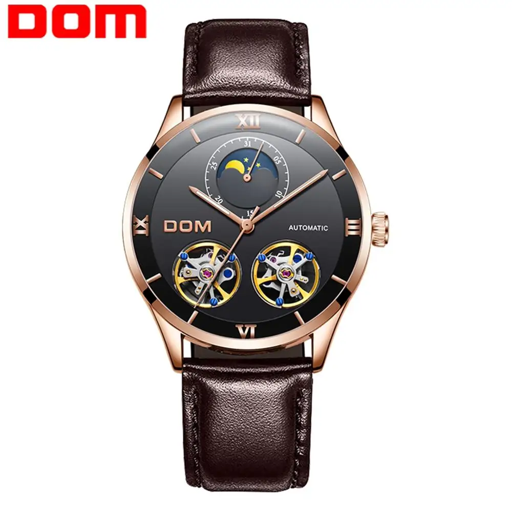 

DOM Mechanical Watch Men Skeleton Watch Automatic Mechanical Mens Genuine Leather Watches Waterproof Self-winding Clock mens