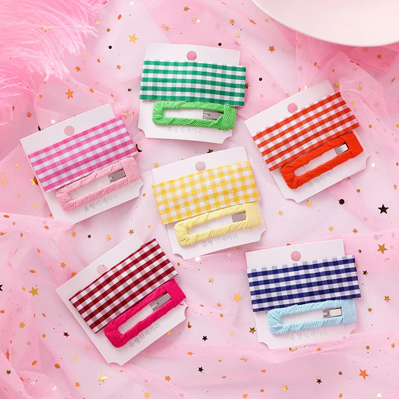 

2Pcs/set New Women Headwear Set Colorful Plaid Hair Clips Rectangle Geometric Hairpins Simple Alloy Barrettes Hair Accessories