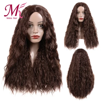 

Moko Beauty Long Curly Hair Synthetic Wigs with Bangs Mix Brown Wig for Women Middle Part Cosplay Wigs Heat Resistant Hair