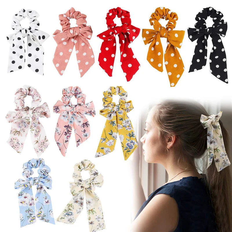 

Ponytail scrunchie hair ties Scarf Elastic Hair Rope for Women Hair Bow Ties Scrunchies Hair Bands Flower Print Ribbon Hairbands