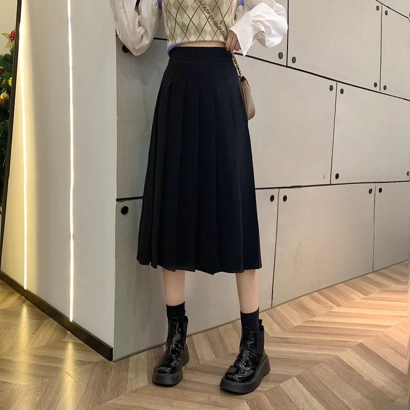 Black Pleated Skirt Half-length Skirt Female Autumn 2022 New Style Korean Skirt High Waist Women's Skirts