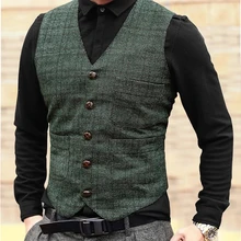 Mens Suit Vests Men Brown Black Waistcoat Vest Man Plaid Steampunk Jacket Striped Tweed V-neck Slim Fit Gilet Wedding Clothing