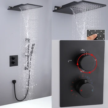 

Batheroom Thermostatic Shower Faucets Black Luxury Waterfall Shower Head Thermostatic 3 Ways Valve Bathroom Shower Faucet Sets