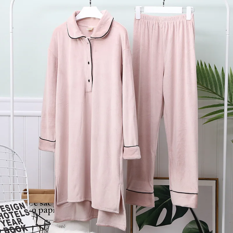 

2019 Thickening Keep Warm Long Section Women Pajama Set Coral Fleece WIth Button Pyjamas