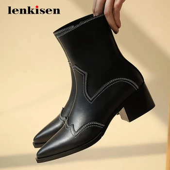

Lenkisen 2020 western boots genuine leather neutral thick high heel pointed toe zipper young lady daily wear mid-calf boots L09
