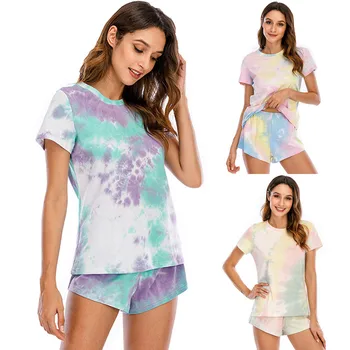 

Summer Pajamas Set For Women Tie-dye Print Short Sleeve O-neck Tops Nightwear Shorts Pijama Mujer Femme Sleepwear Home Clothes