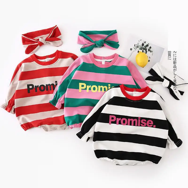 

1790 New Striped Bat Sleeve Jacket For Autumn 2019 Baby Infant Girls Headband And Striped Letters Outfits Romper Long Sleeve