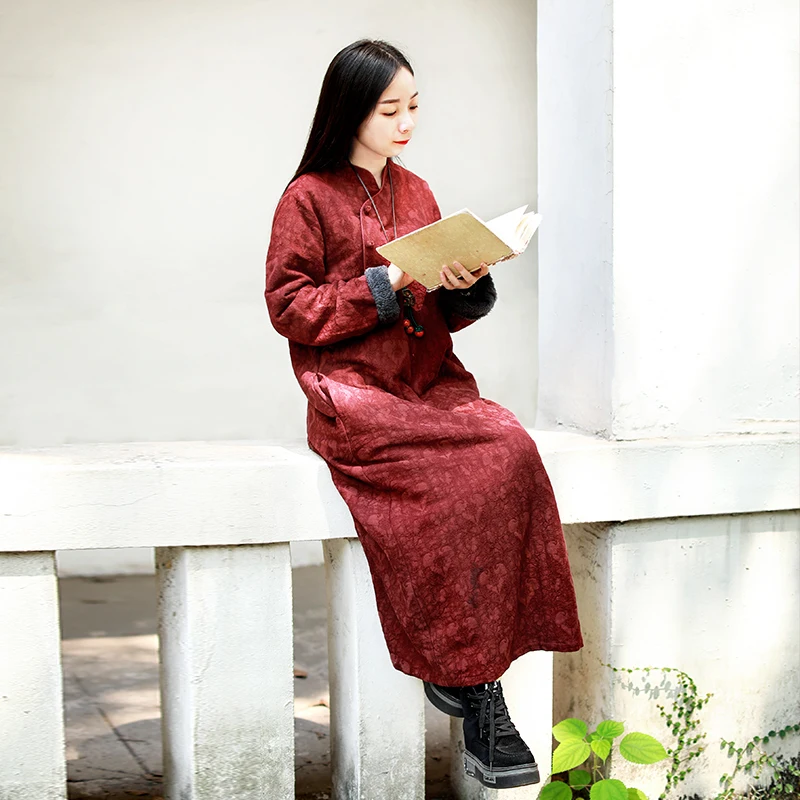 LZJN Chinese Dress Women 2019 Autumn Winter Long Sleeve Cheongsam Qipao Jacquard Fleece Lined Warm Thick Dress Robe Vestidos (19)