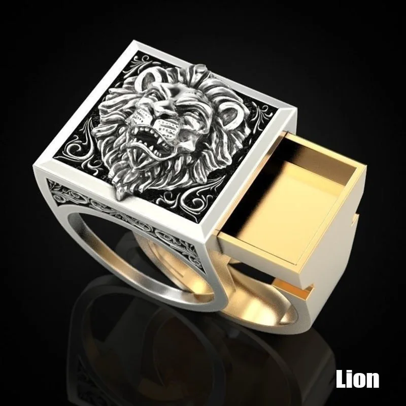 Fashion Vintage Men's Combination Biker Ring Secret Compartment Kingdom Lion King Rings For Men Hip Hop Viking Jewelry | Украшения и