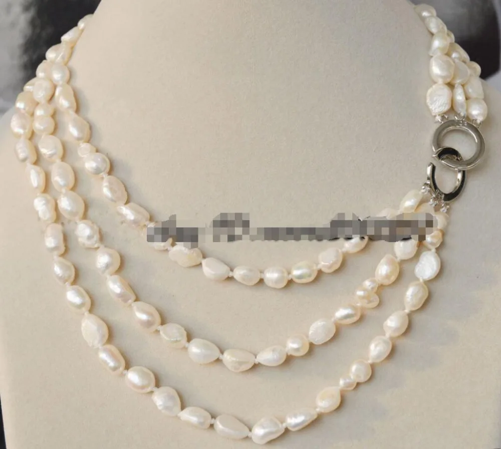 Free >>>> New 3 Rows 7-8mm Natural real white Fresh water baroque pearl jewelry necklace