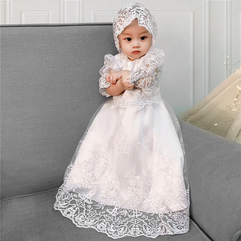 New Cute Long Christening Gown for Baby Girls Lace Short Sleeve Customized Baptism Dress White Ivory