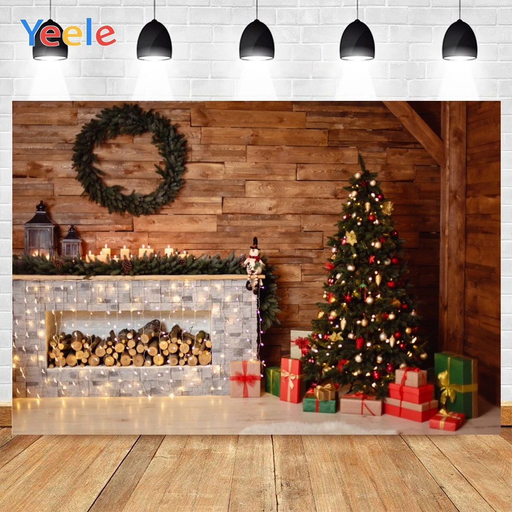 

Yeele Merry Christmas Wooden House White Brick Fireplace Tree Balls Background Photophone Photography for Decor Customized Size