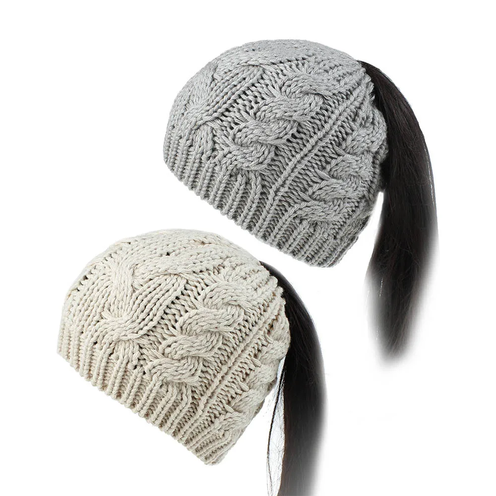 Осенне-зимняя новая вязаная шапка, Детская двухцветная Модная вязаная шерстяная шапка с отверстием для хвоста с логотипом