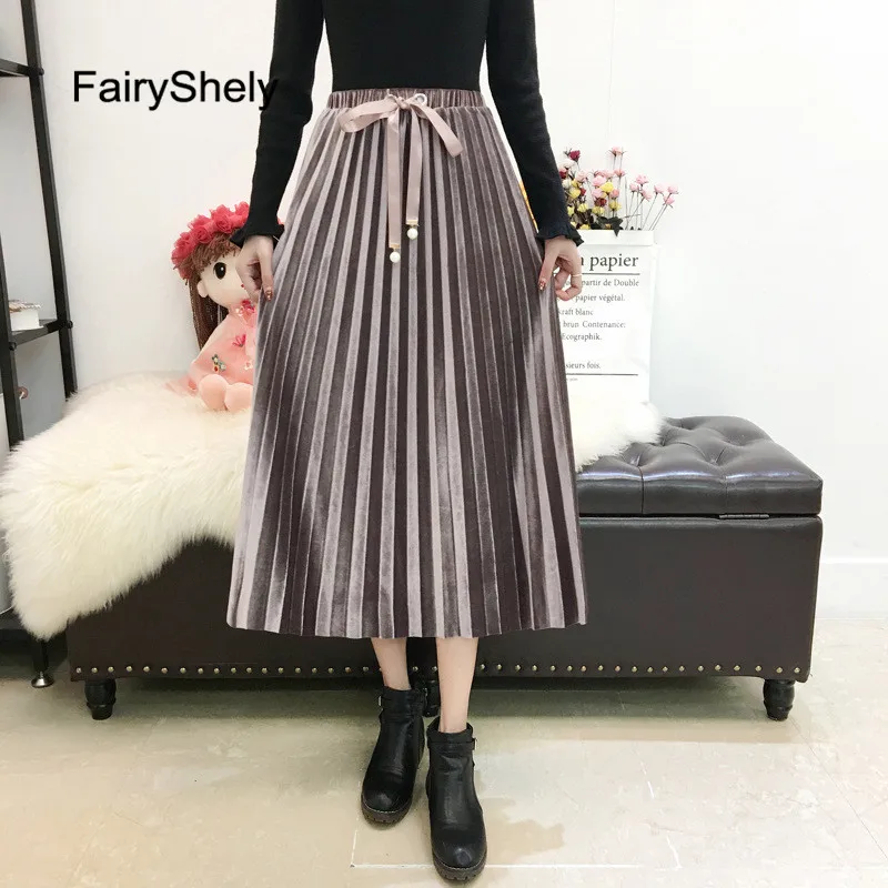 Хаки FairyShely ArmyGreen бархатная плиссированная длинная юбка Женская Осенняя зимняя эластичная лента Высокая талия Теплая юбка черная Макси офисная юбка - Цвет: Хаки