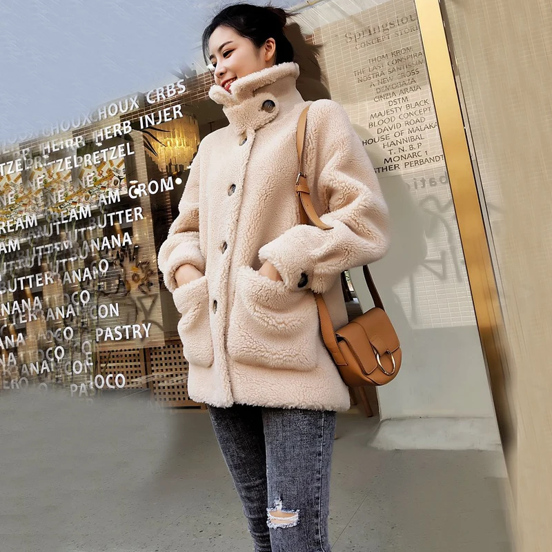 Women Winter Clothes Natural Real Sheep Wool Jacket with Button and Thick Genuine Fur Coat Girl Outwear ksr683