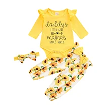 

OPPERIAYA 3Pcs Infant Baby Fall Cotton Outfits Long Sleeve Round Neck Letter Print Bodysuit Sunflower Pants Headband Casual Set