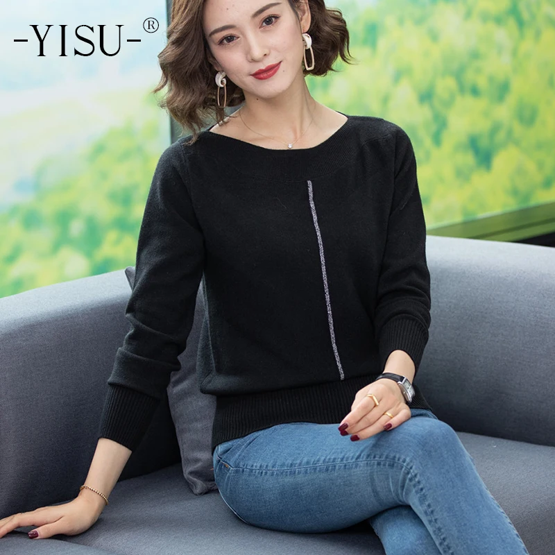 

YISU Fashion Sweaters Women 2019 Autumn Winter Pullover Solid color Knitted Sweater Slash neck Long Sleeve Loose Sweater Women