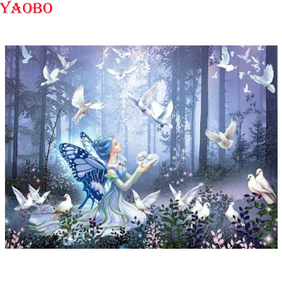 New Arrival Diamond Painting Square Round fairy tale girl pigeon Mosaic Full Bird Rhinestones landscape Pictures decor | Дом и сад