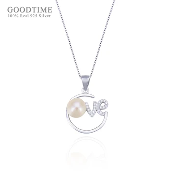 

Fashion Women Necklace Pure 925 Sterling Silver Necklace LOVE Shaped Freshwater Pearl Pendant Clavicle Necklace Gift For Girl