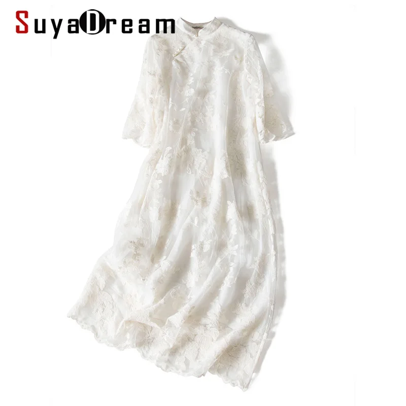 

SD Women Chinese style Dress 50%Silk 50%Linen Lining White Embroidery Lace Long Dresses 2020 Spring Summer