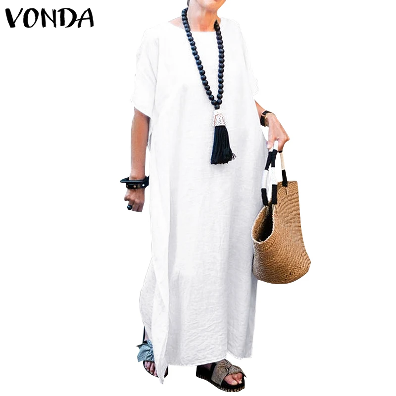 VONDA модное платье 5XL повседневные однотонные макси длинные платья женские свободные пляжный сарафан с круглым вырезом летние вечерние платья негабаритных размеров