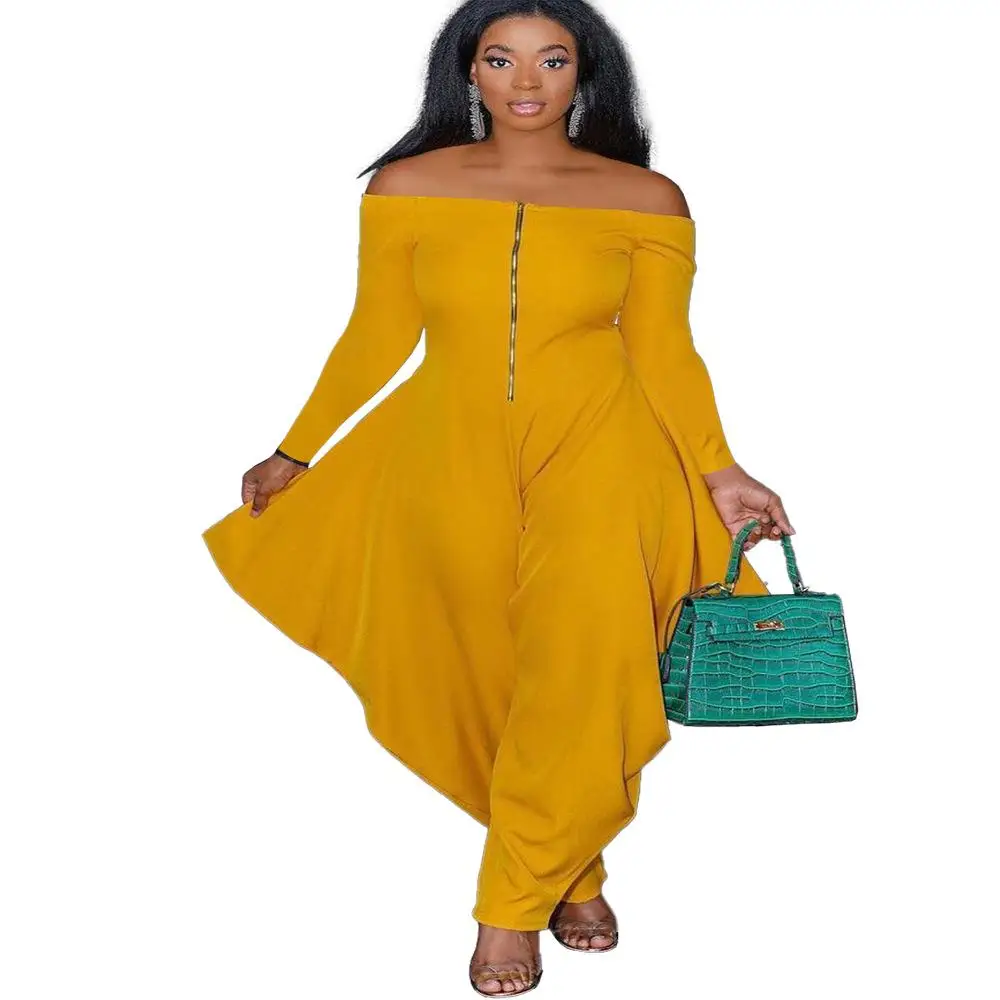 

202 Autumn and Winter Women's Plus Size Personalized Zipper One Shoulder Sexy Off-Shoulder Loose Solid Color Jumpsuit
