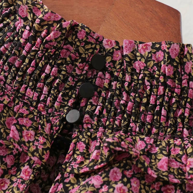 ZA Autumn Vintage Floral Print Blouses Lantern Sleeves Temperament Deep V Lapel Shirt Women Fashion High Street Pullover