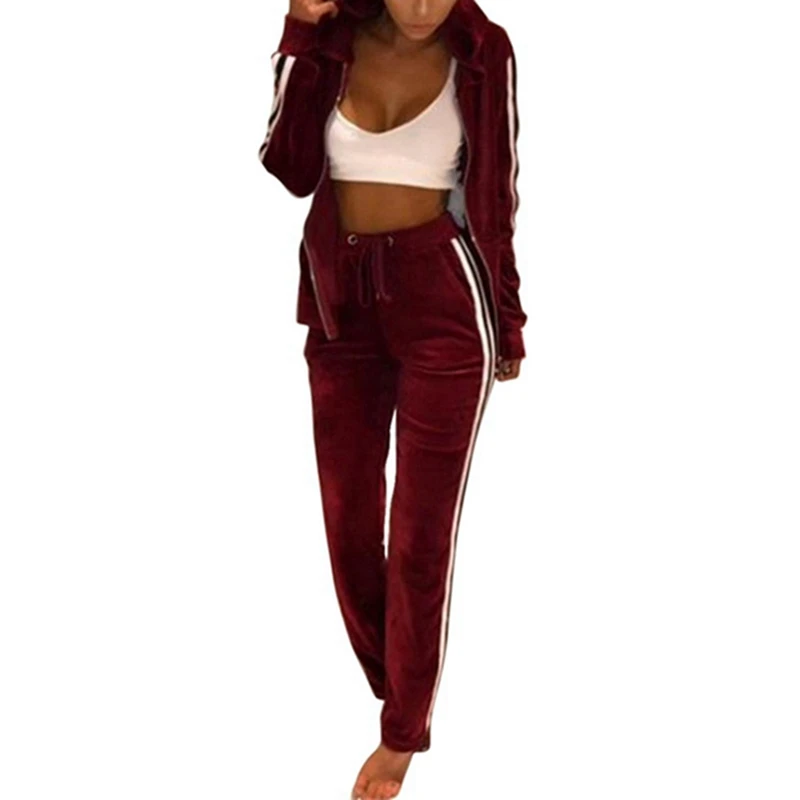 Wine Red LOOZYKIT, Женский комплект, спортивная одежда, осень-зима, Теплый Бархатный спортивный костюм, комплект из двух предметов, полосатая толстовка, штаны, спортивный костюм, домашняя одежда - Цвет: Wine Red