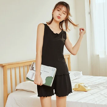 

Ladies Pajama Set Solid color Cotton Satin 2Pcs Vest Pants nightwear Summer Women sexy Pyjama Shorts Homewear