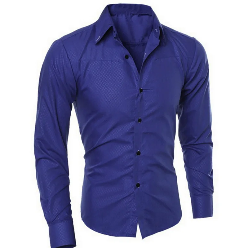 Новая модная мужская рубашка с длинными рукавами мужские клетчатые сплошного цвета с кнопками плотный облегающий Топ деловые повседневные Мягкие воздухопроницаемые рубашки - Цвет: Royal blue