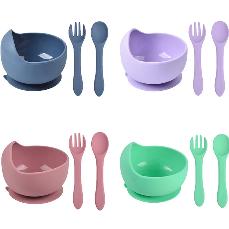 Tazón para bebé, cuchara, tenedor, vajilla de silicona con mango para niños, tazón de silicona para bebé, alimentación para el almuerzo, 28