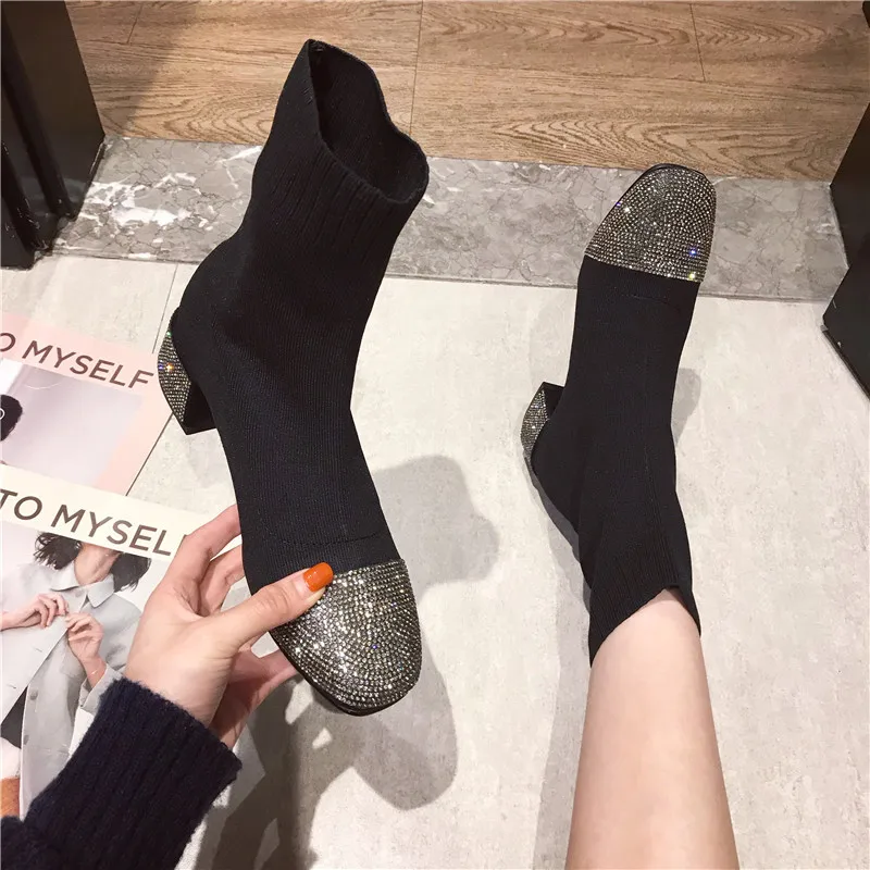

Shoes Crystal Lady Boots Chunky Heel Bootee Woman 2019 Round Toe Luxury Designer Rhinestone Ladies Rubber Mid-Calf Mid Calf Med