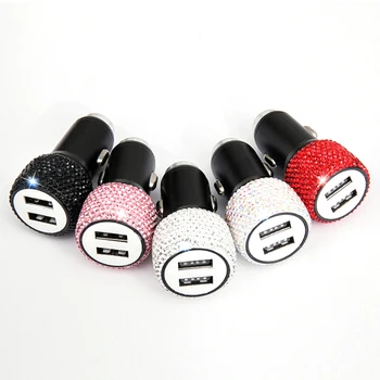 

Car Charger Dual USB Quick Charge Shiny Diamond Phone Charger Adapter For 24V Car Interior Phone Charger Decoration Accessories
