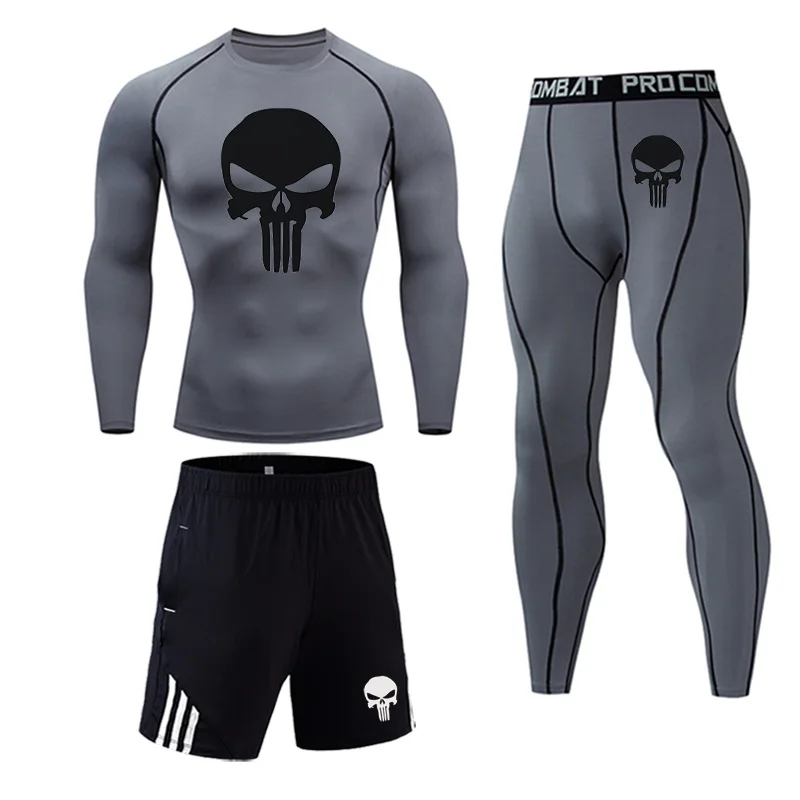 Skull men's clothing compression men thermal underwear rashgard kit long sleeves top for fitness man tracksuit 3-pcs base