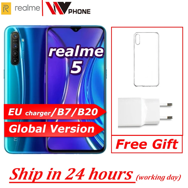 Realme 5 глобальная версия мобильного телефона 6 ''полный экран Snapdragon 665 AIE Quad