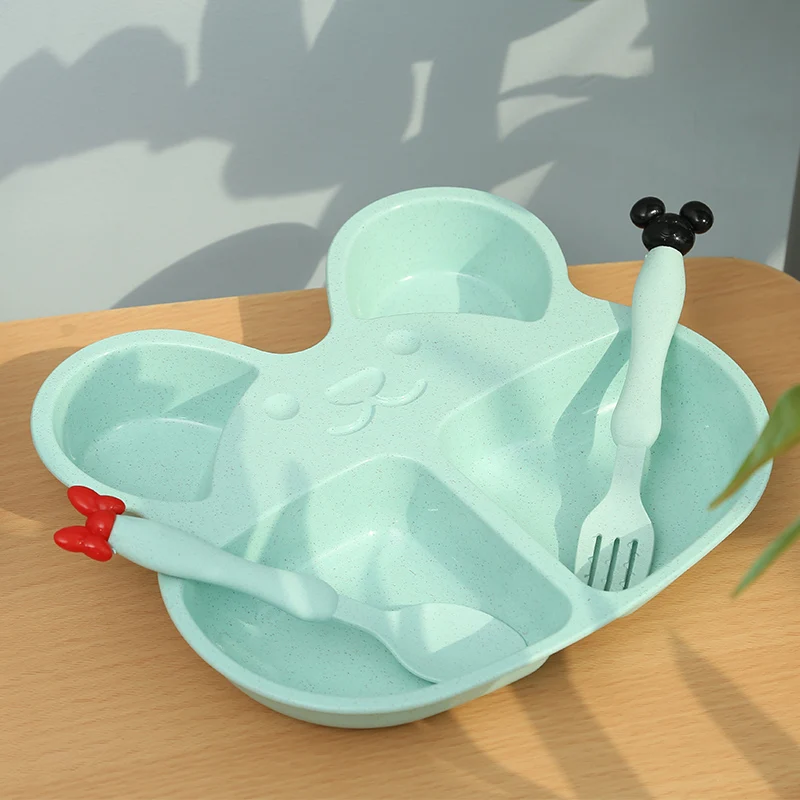 Пшеничная солома детская посуда с рисунком набор детский обеденный тарелка для кормления посуда для малышей тренировочная чаша ложка Вилка для детей с коробкой - Цвет: Green Set
