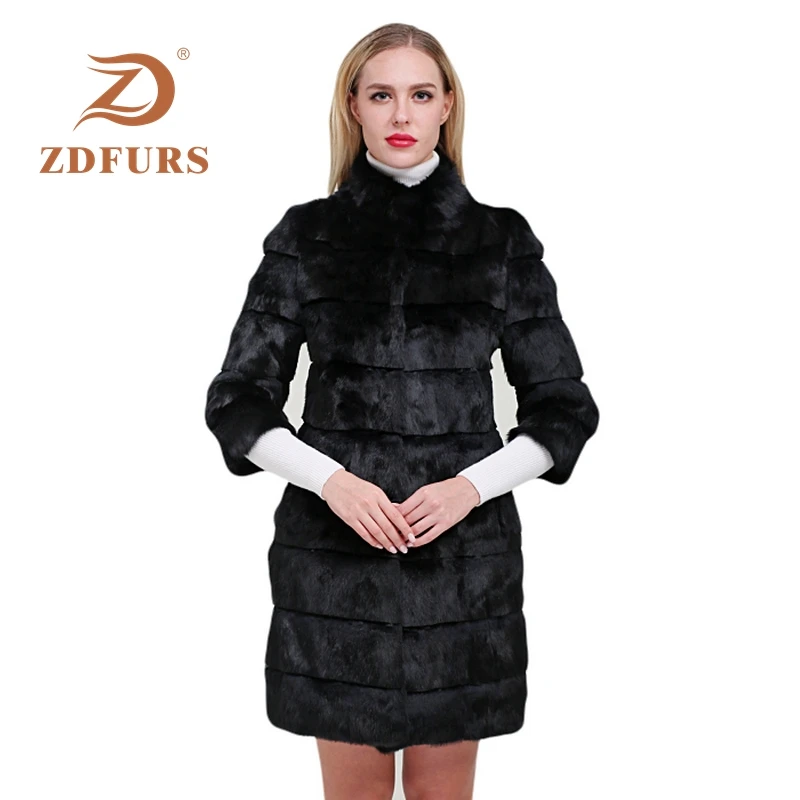 

ZDFURS* 2019 New Winter Real Rabbit Fur Jacket Warm Soft Long Fur Coat Women Rabbit Fur Coat Detachable Overcoat Jacket